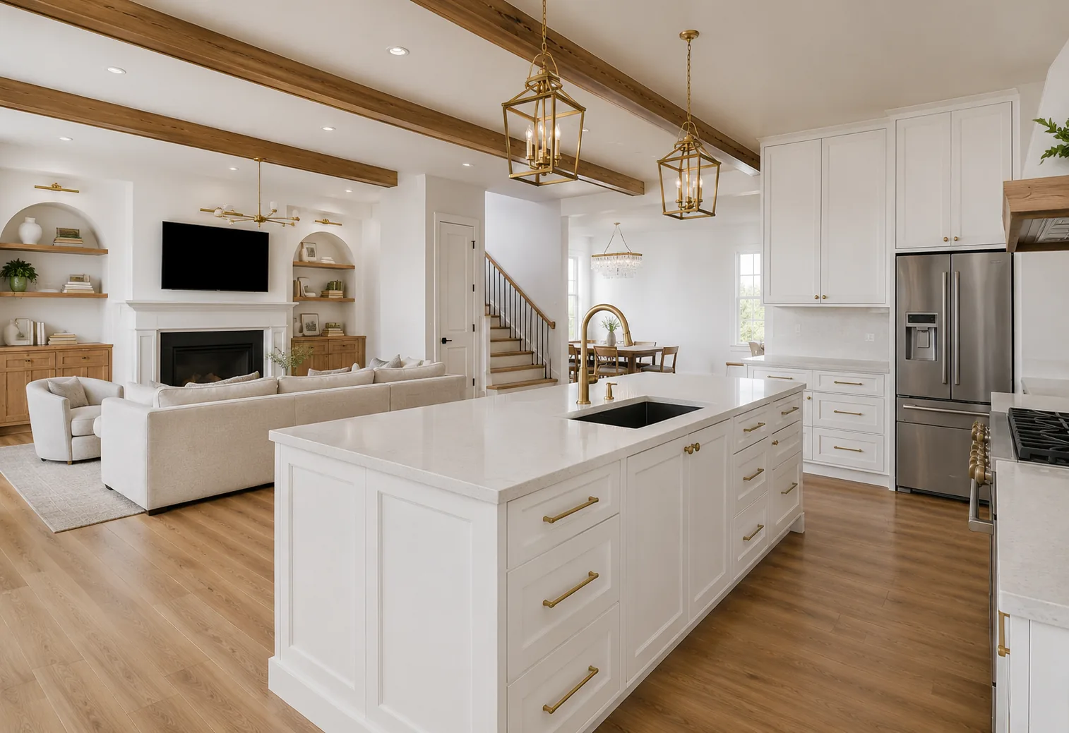 Photorealistic rendering of a finished kitchen and great room — white oak beams, brass pendants, quartz island — from a delivered client project