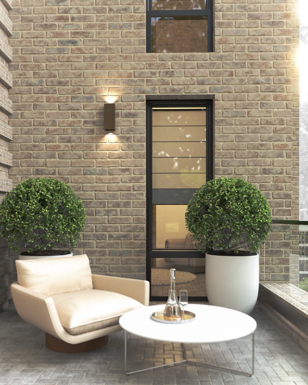 Brick courtyard with lounge seating, photorealistic rendering