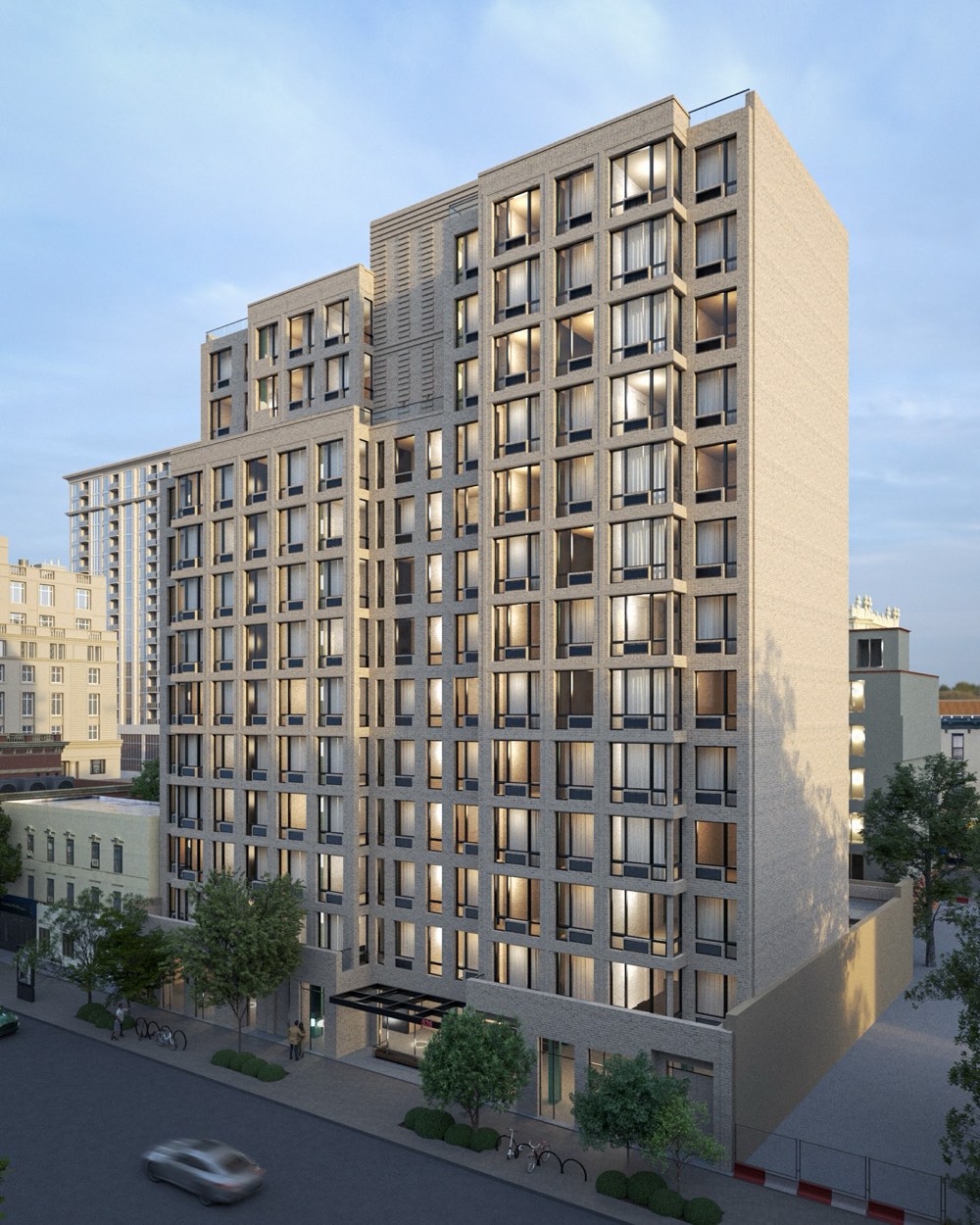 Mid-rise residential building in daylight, photorealistic rendering