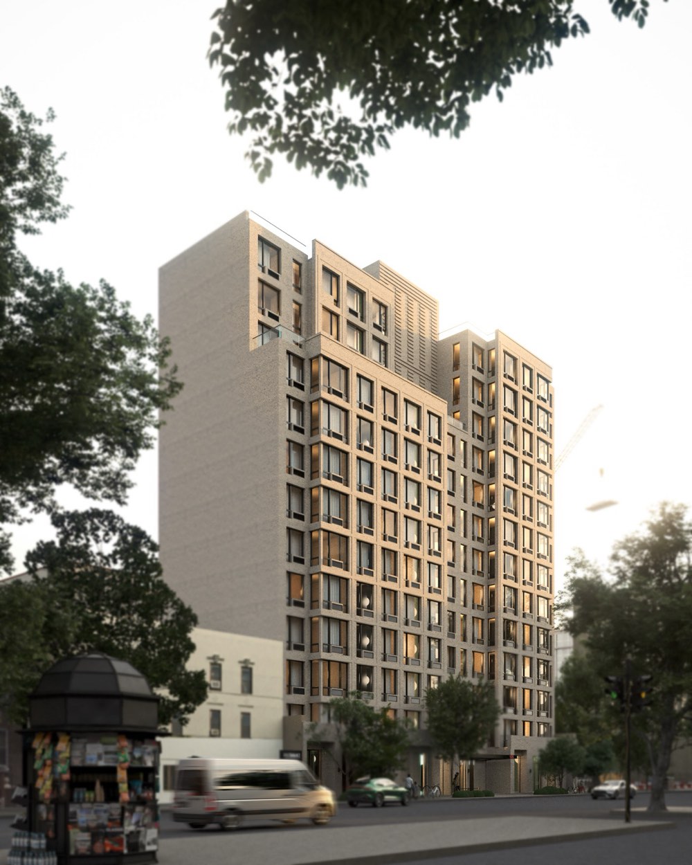 Dusk street view of a residential building, photorealistic rendering