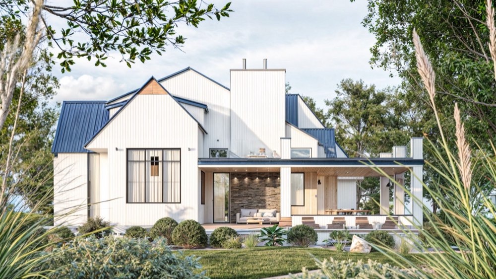 Modern farmhouse exterior with standing-seam blue metal roof, photorealistic rendering