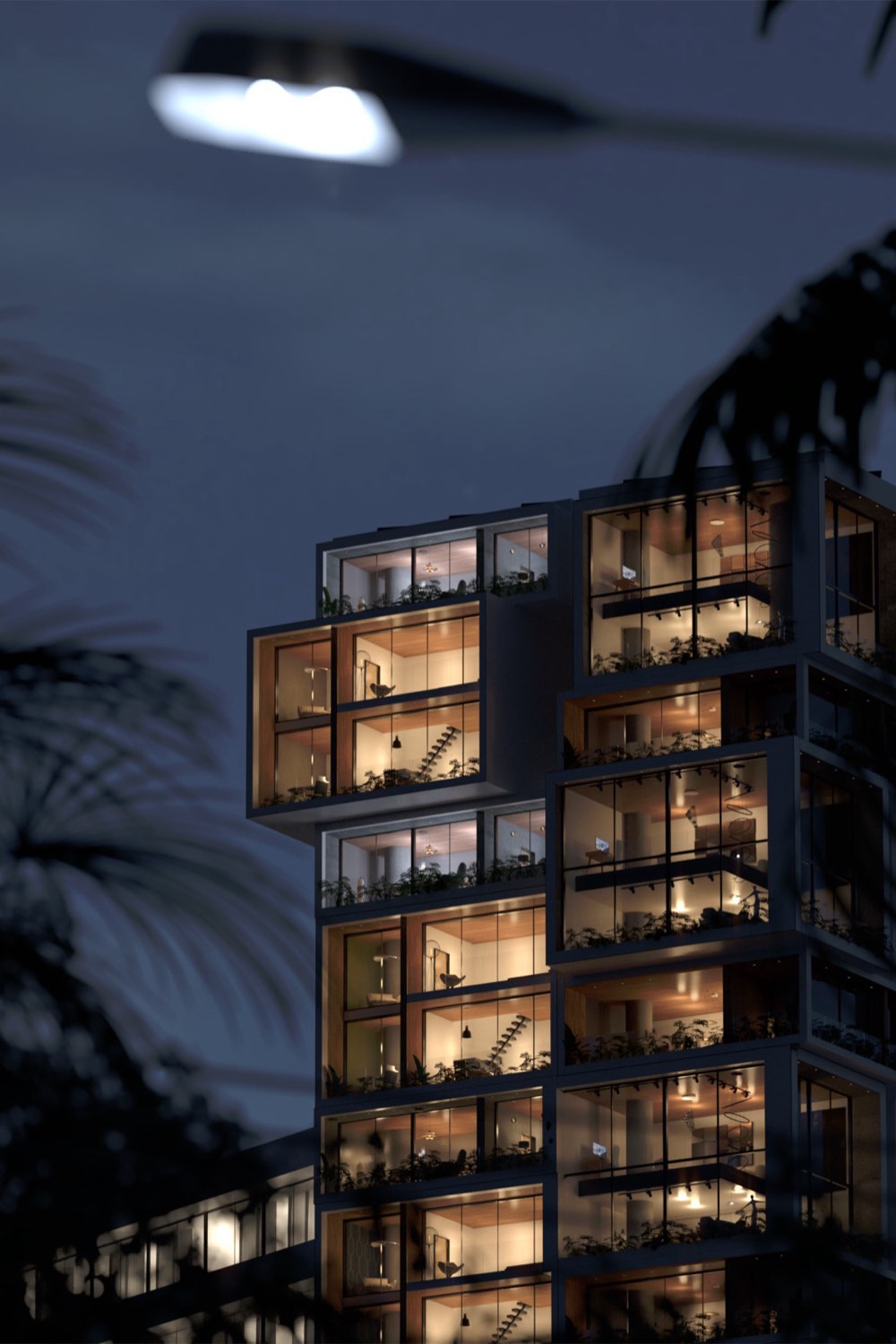 Residential tower at night with warm lit interiors, photorealistic rendering