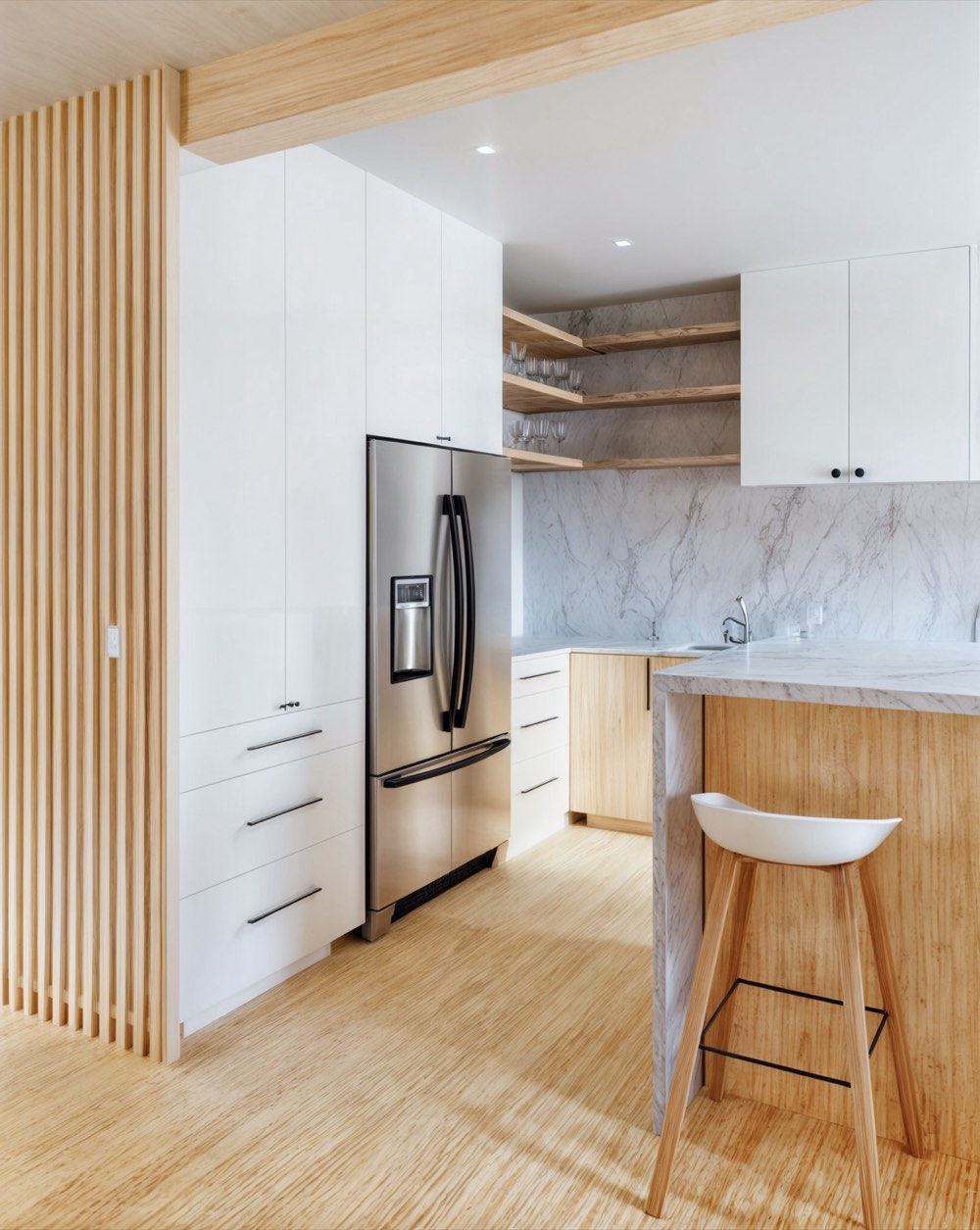 White oak and marble kitchen, photorealistic interior rendering