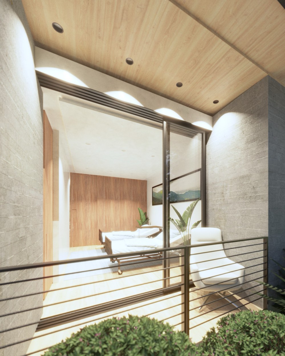 Primary suite opening to a concrete balcony, photorealistic rendering