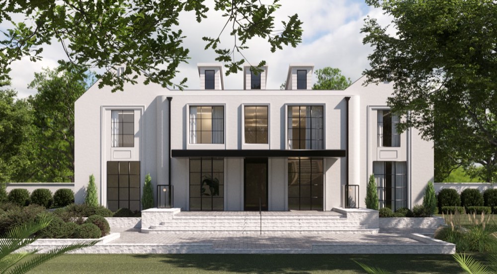 Transitional white manor with black steel windows, photorealistic rendering