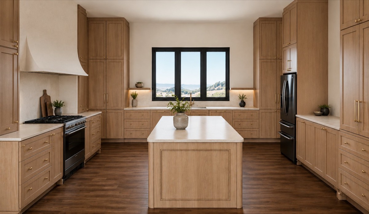 Victor Residence — white oak kitchen with brass hardware, full-home visualization for a Texas builder